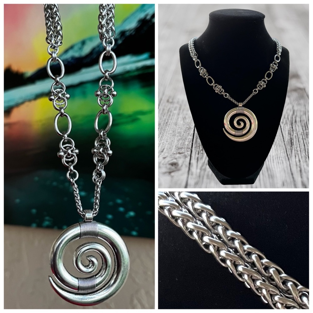 Handmade maille links stainless steel wheat chain necklace with spiral charm